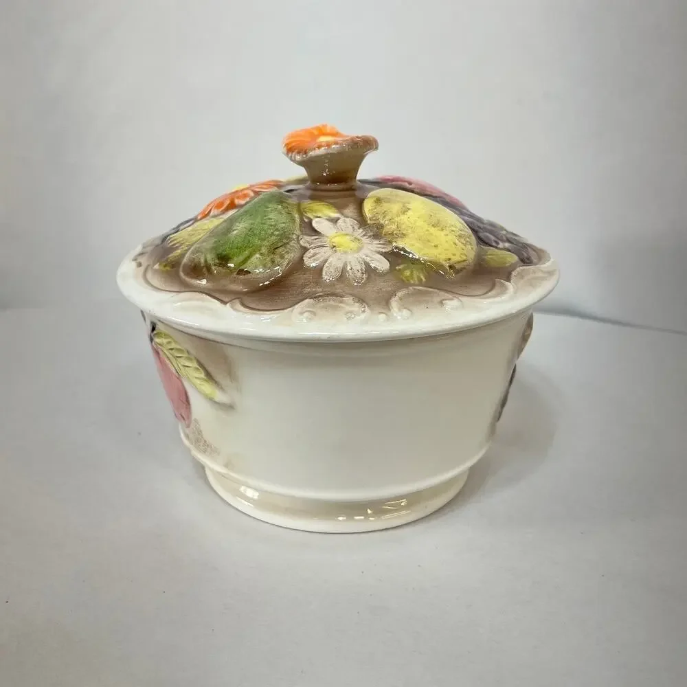 Covered Dish Ceramic Retro Raised Fruit & Floral Pattern Candy Sugar Vintage